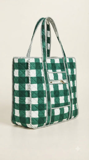GREEN GINGHAM QUILTED TOTE BAG