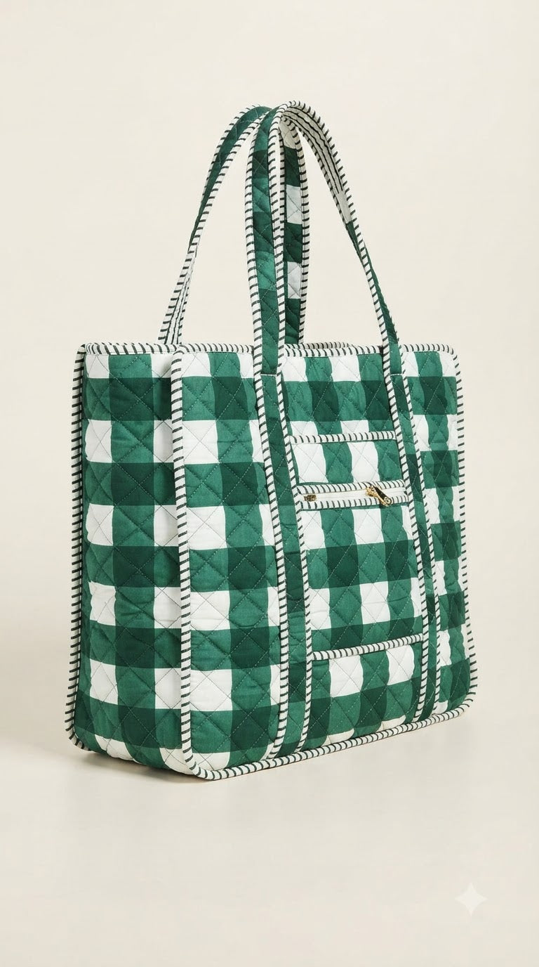 GREEN GINGHAM QUILTED TOTE BAG