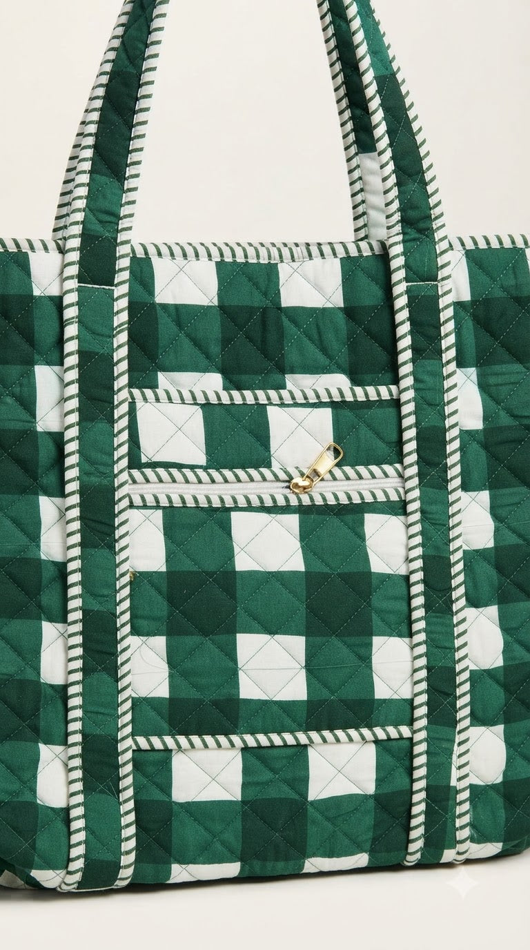 GREEN GINGHAM QUILTED TOTE BAG