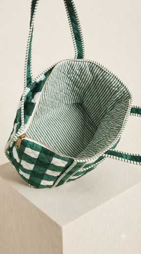 GREEN GINGHAM QUILTED TOTE BAG