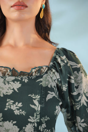Elegant green nursing maxi dress with floral design and puff sleeves.
