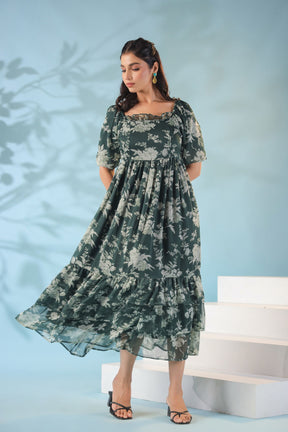Stylish green floral nursing maxi dress for comfort and elegance.