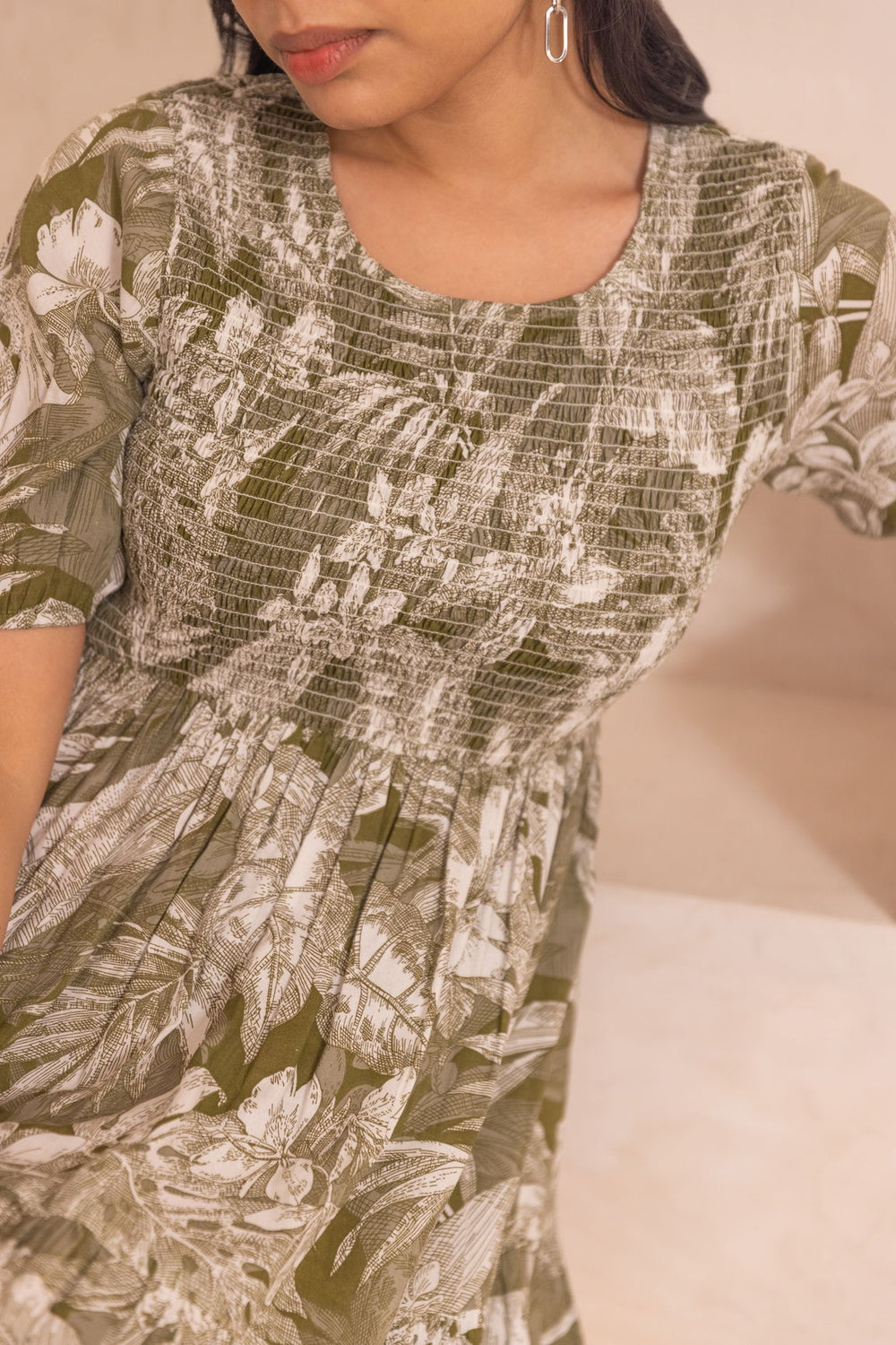 Women's Sea Green Floral Printed Tie and Dye Smocked Cotton Maxi Dress