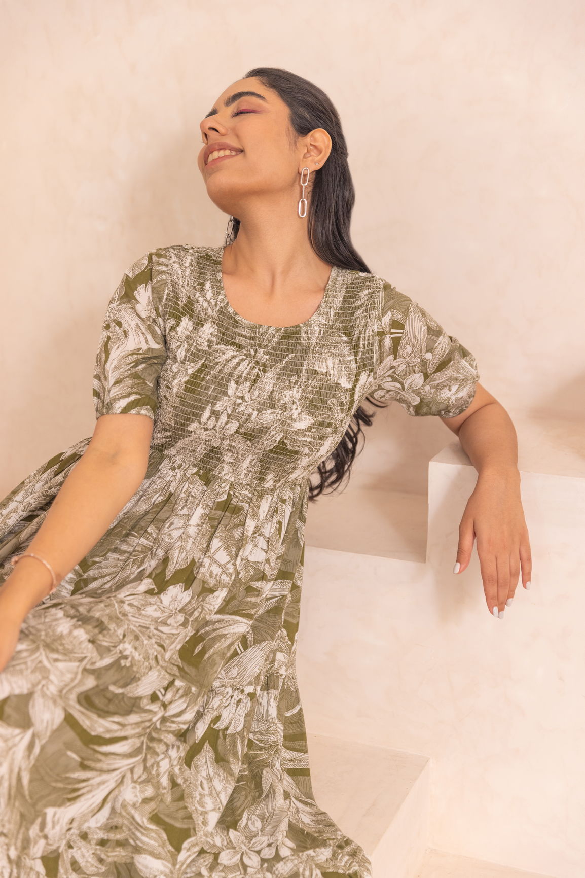 GREEN TROPICAL SMOCKED COTTON MAXI GREEN TROPICAL SMOCKED COTTON MAXI