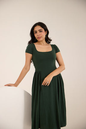 FOREST GREEN COTTON MIDI DRESS