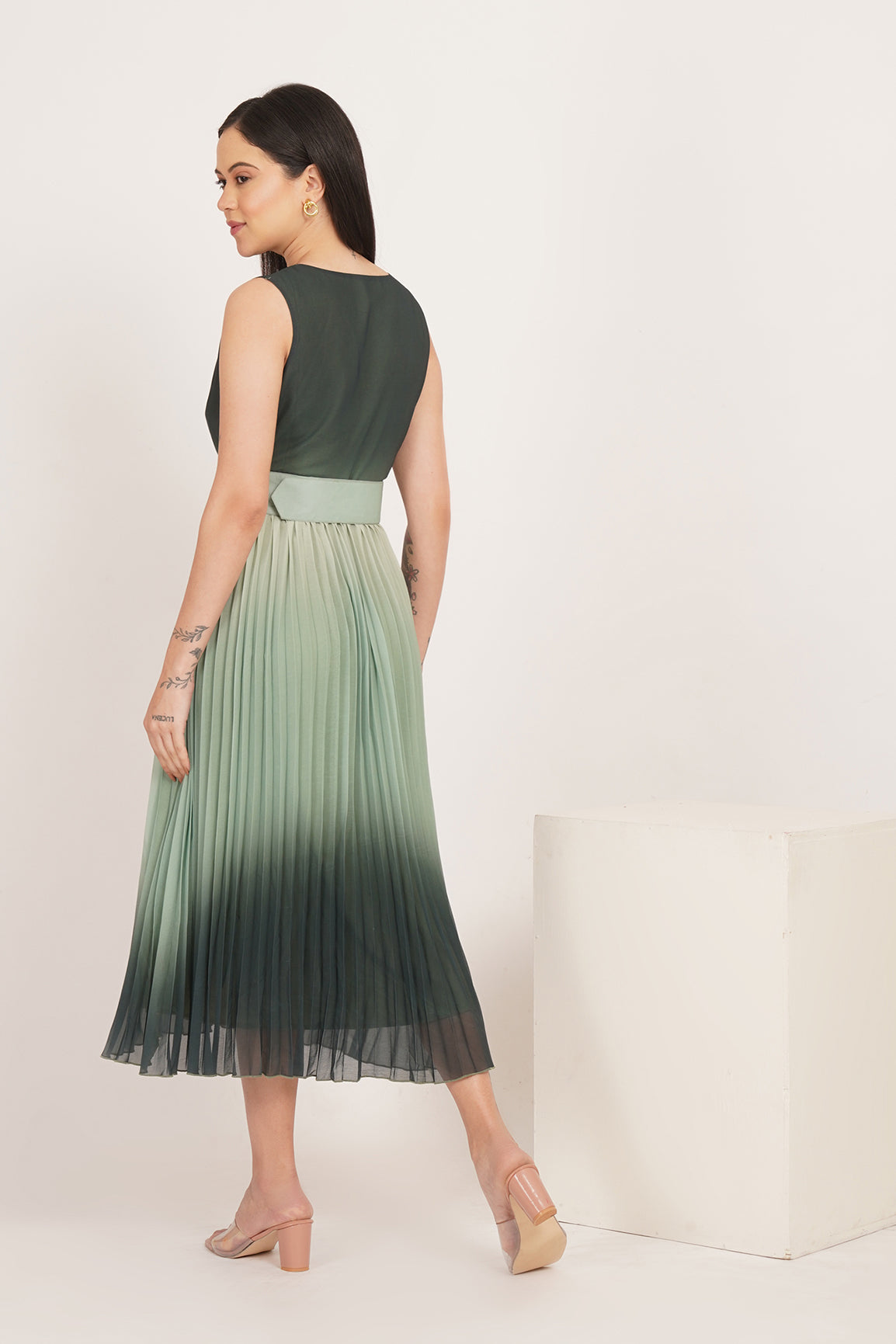 GREEN OMBRE PLEATED MAXI