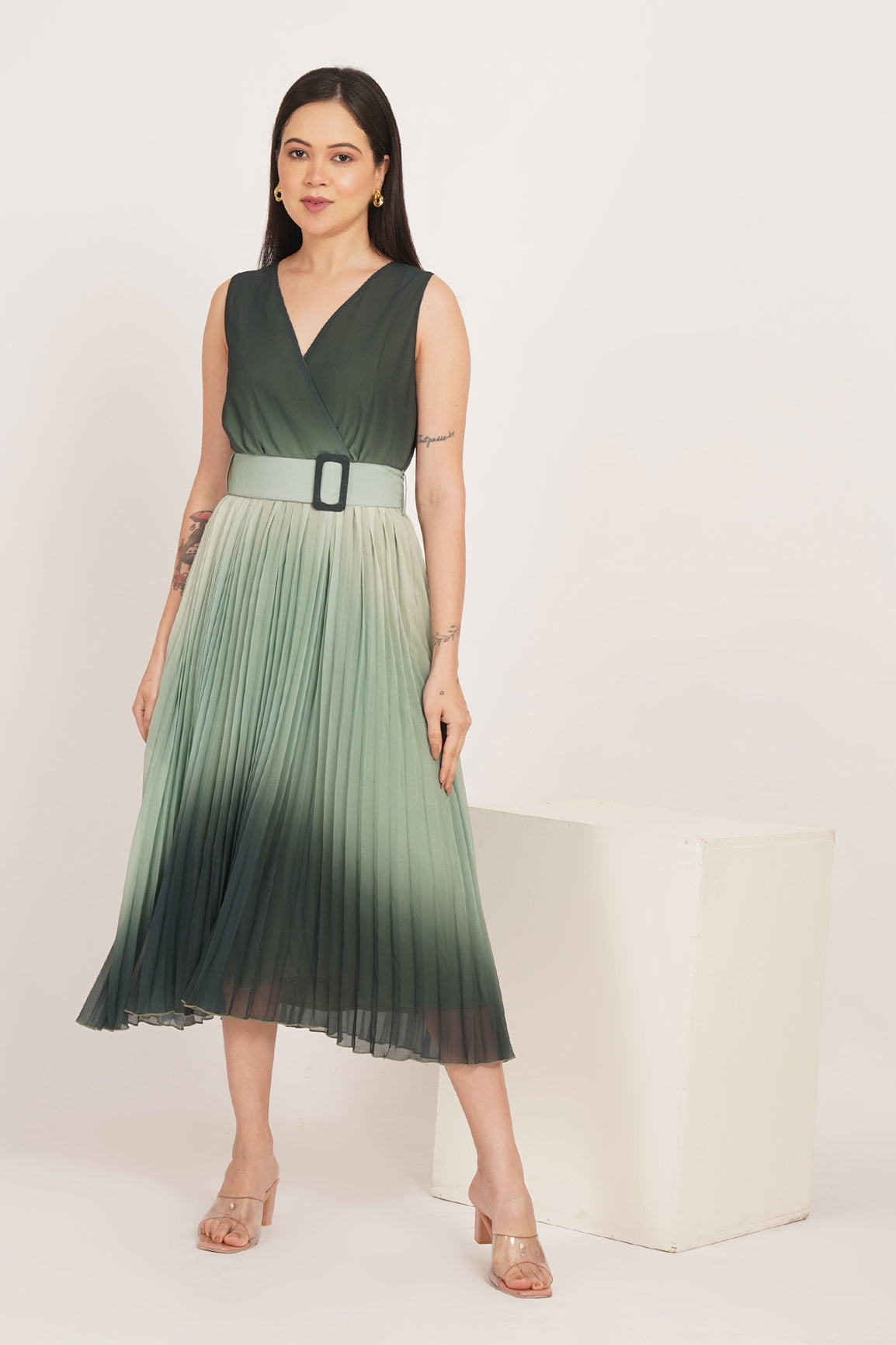 GREEN OMBRE PLEATED MAXI