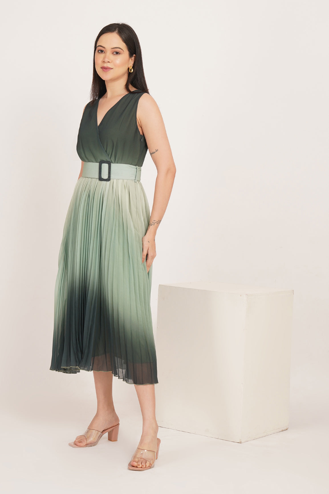 GREEN OMBRE PLEATED MAXI