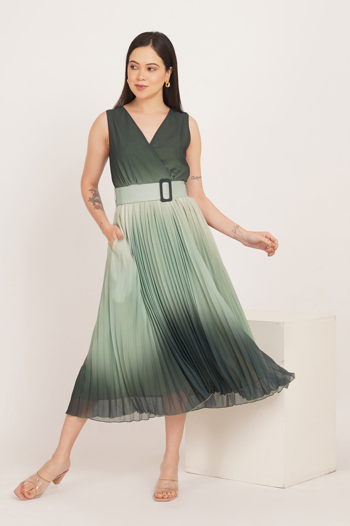 GREEN OMBRE PLEATED MAXI