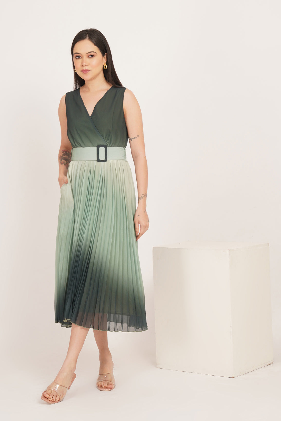 GREEN OMBRE PLEATED MAXI