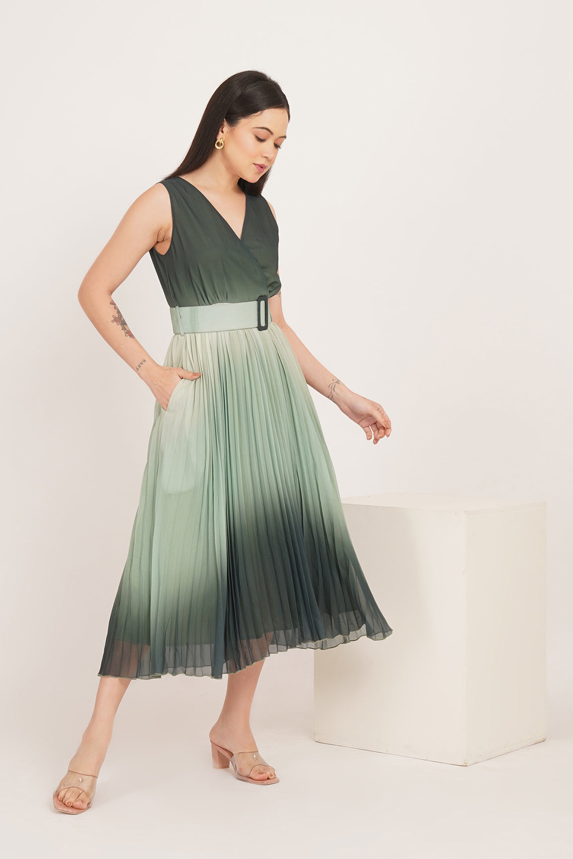 GREEN OMBRE PLEATED MAXI