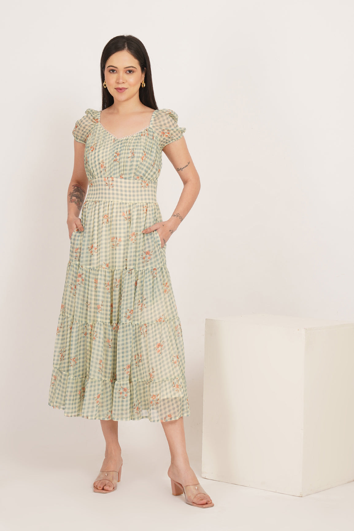 SAGE BLOOM GINGHAM MAXI