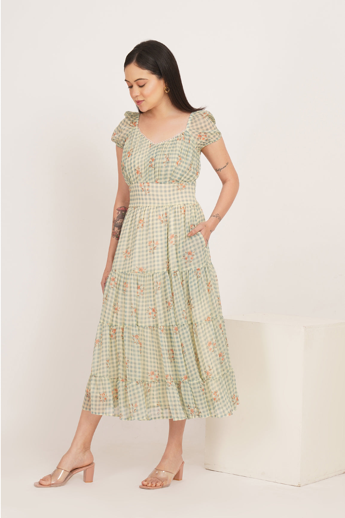 SAGE BLOOM GINGHAM MAXI