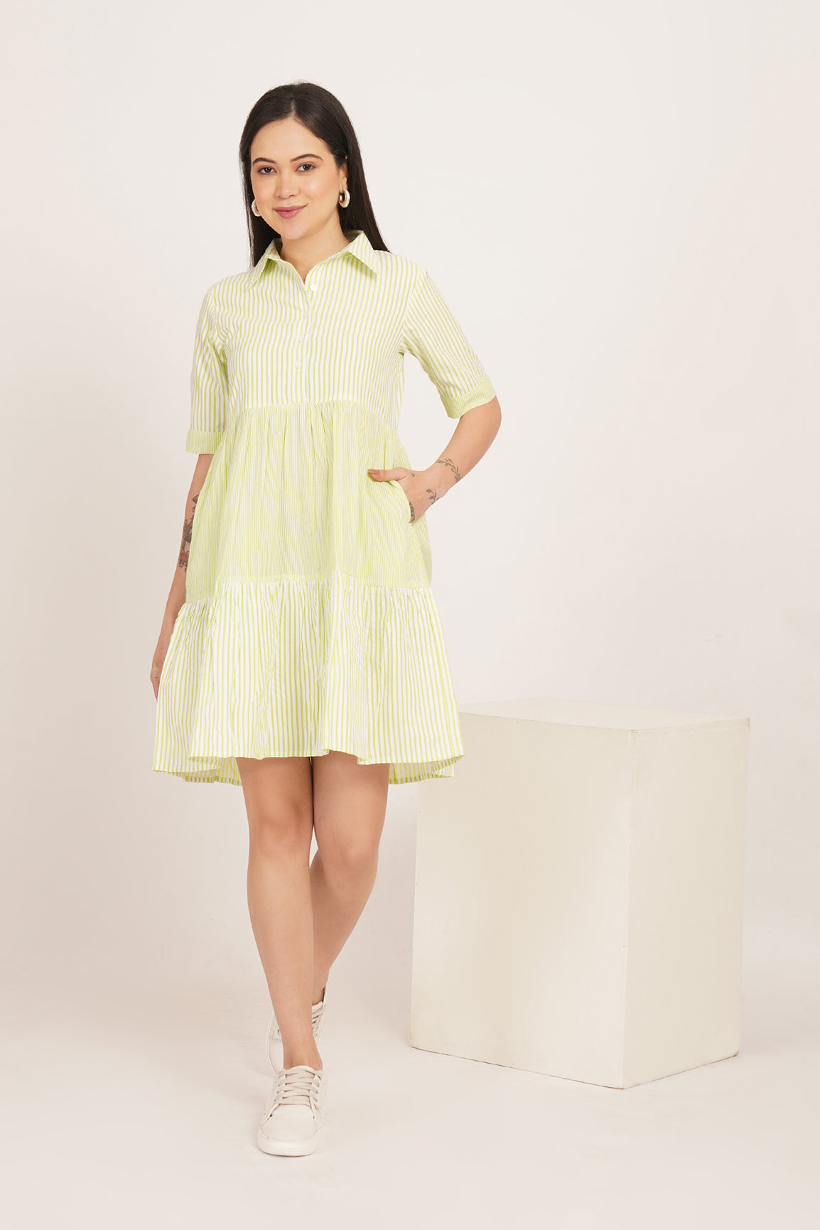 LIME BREEZE TIERED SHIRT DRESS