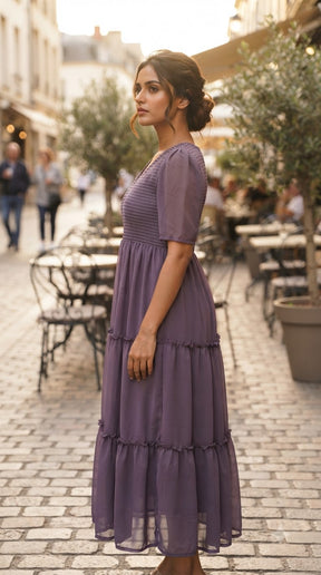 LAVENDER SMOCKED TIERED MAXI