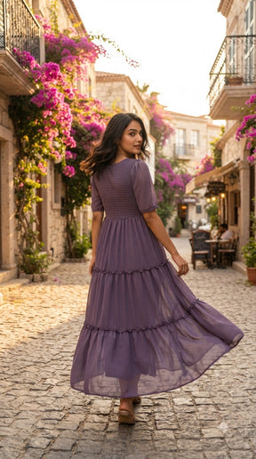 LAVENDER SMOCKED TIERED MAXI