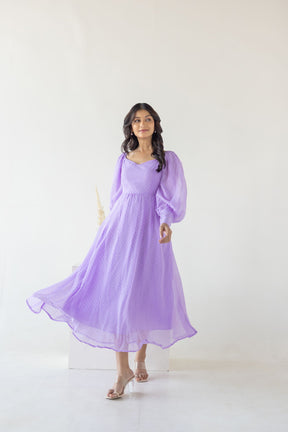 Lilac Princess Maxi dress with puff sleeves, elegant flowing design.