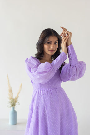 "Lilac Princess Maxi dress with puff sleeves and stylish design."