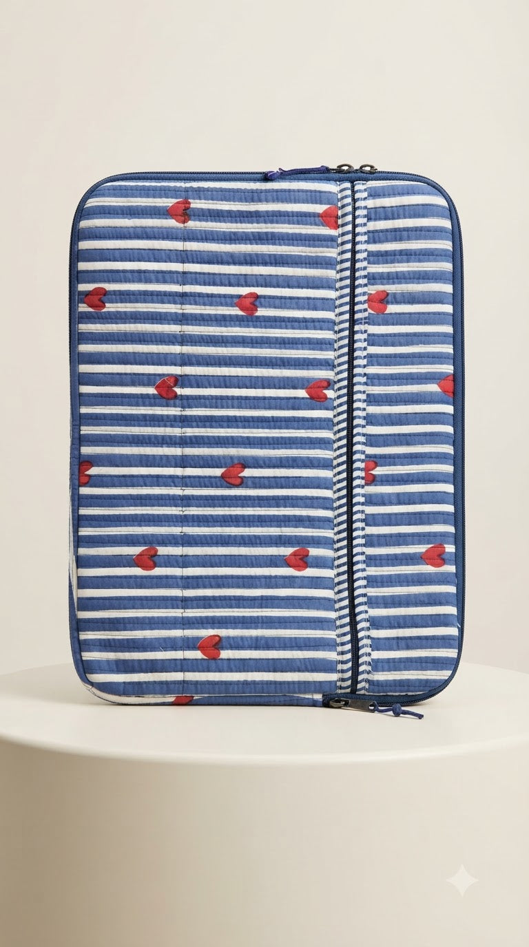 BLUE HEART STRIPE QUILTED LAPTOP BAG