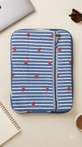 BLUE HEART STRIPE QUILTED LAPTOP BAG