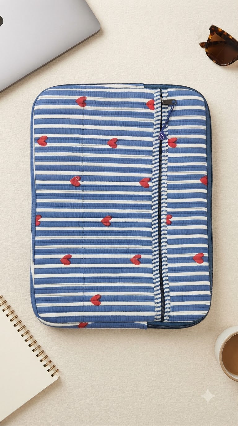 BLUE HEART STRIPE QUILTED LAPTOP BAG