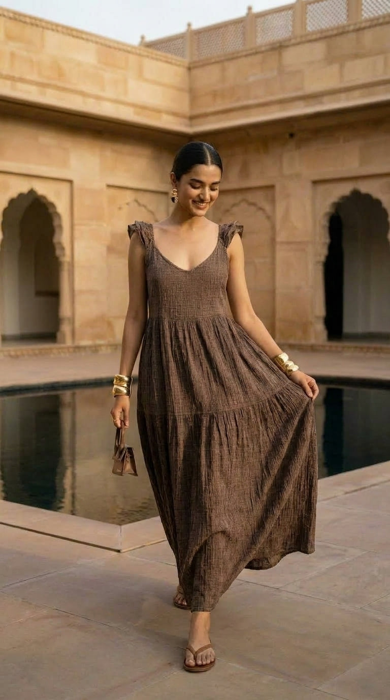 MOCHA BROWN TIERED COTTON DENIM MAXI