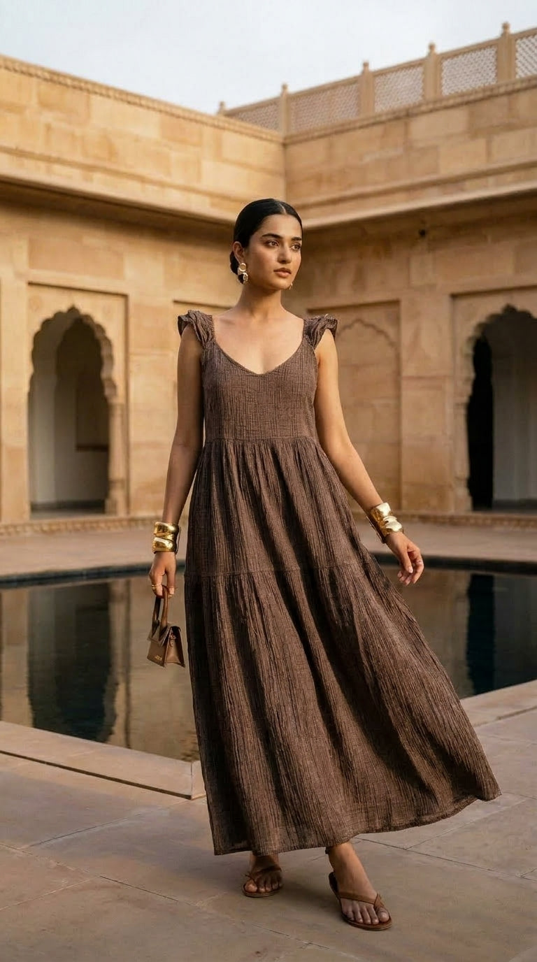 MOCHA BROWN TIERED COTTON DENIM MAXI