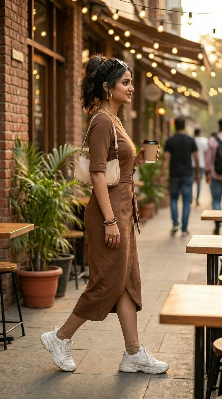 MOCHA TIE MIDI DRESS
