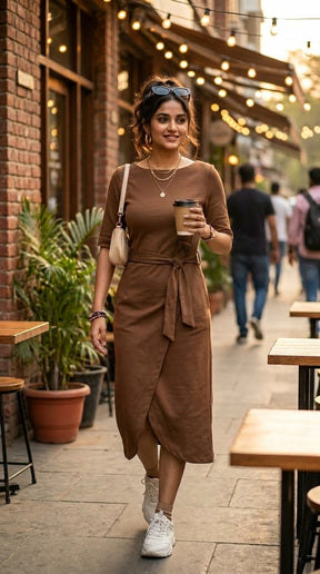 MOCHA TIE MIDI DRESS