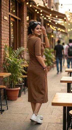 MOCHA TIE MIDI DRESS