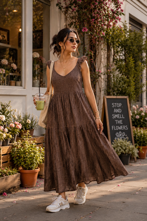 MOCHA BROWN TIERED COTTON DENIM MAXI