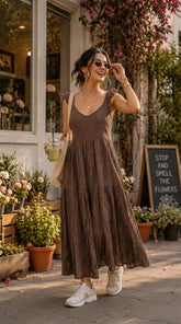 MOCHA BROWN TIERED COTTON DENIM MAXI
