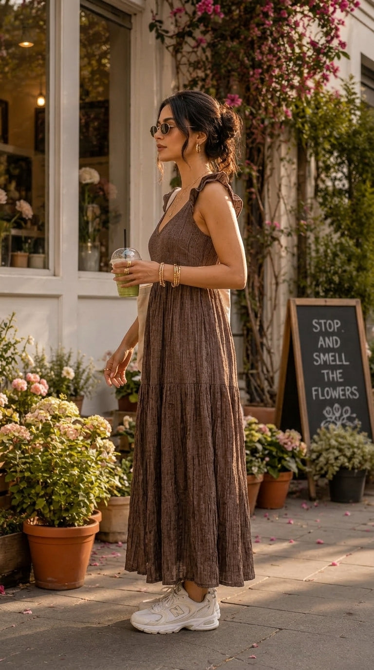 MOCHA BROWN TIERED COTTON DENIM MAXI