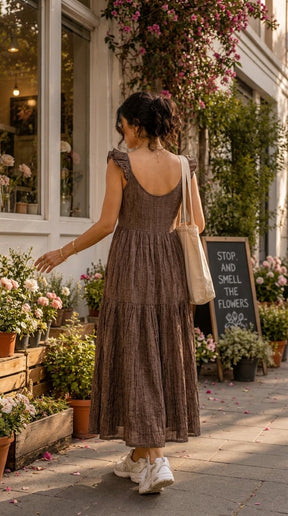 MOCHA BROWN TIERED COTTON DENIM MAXI