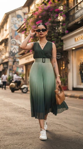 GREEN OMBRE PLEATED MAXI