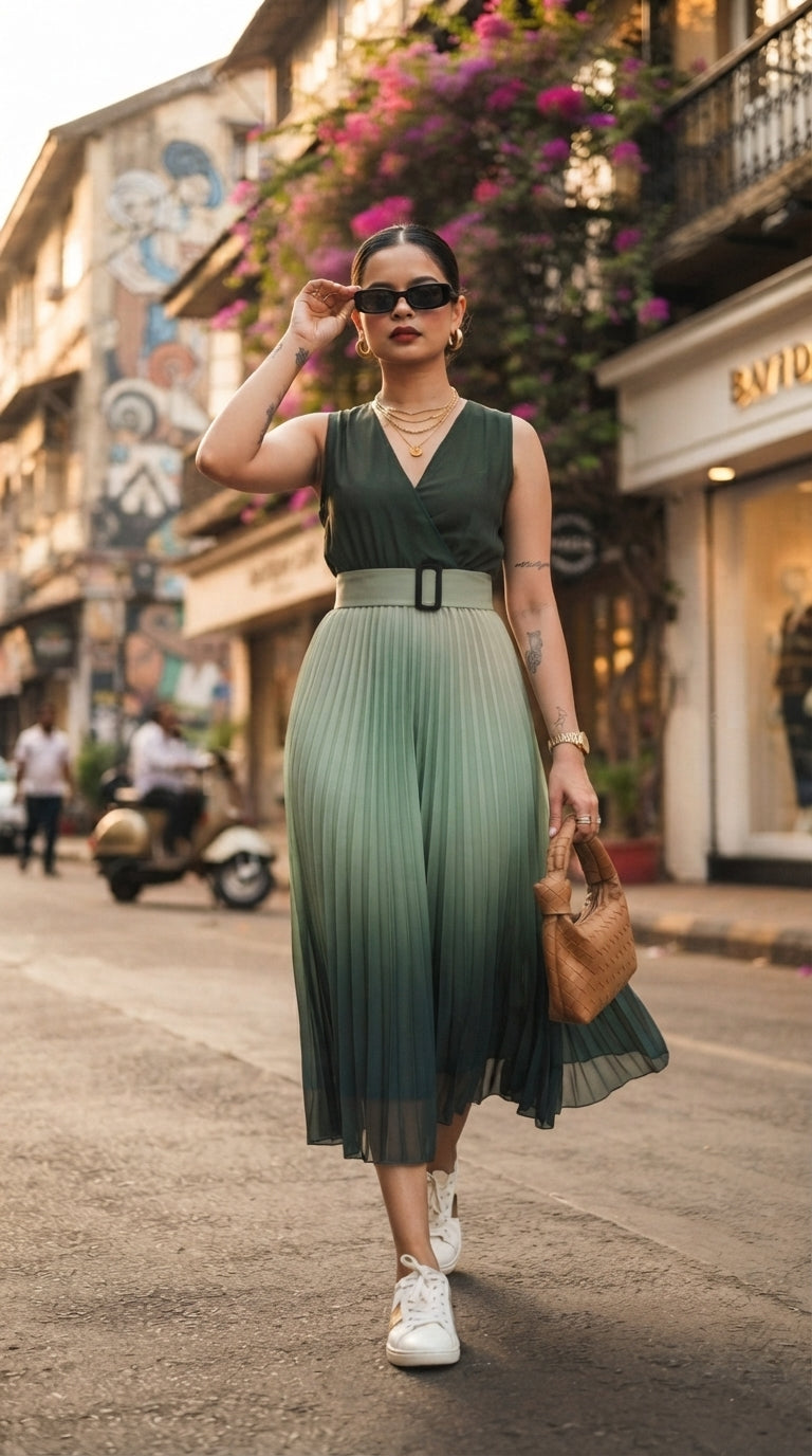 GREEN OMBRE PLEATED MAXI