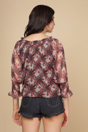 Multi off-shoulder top displayed on model with floral pattern.