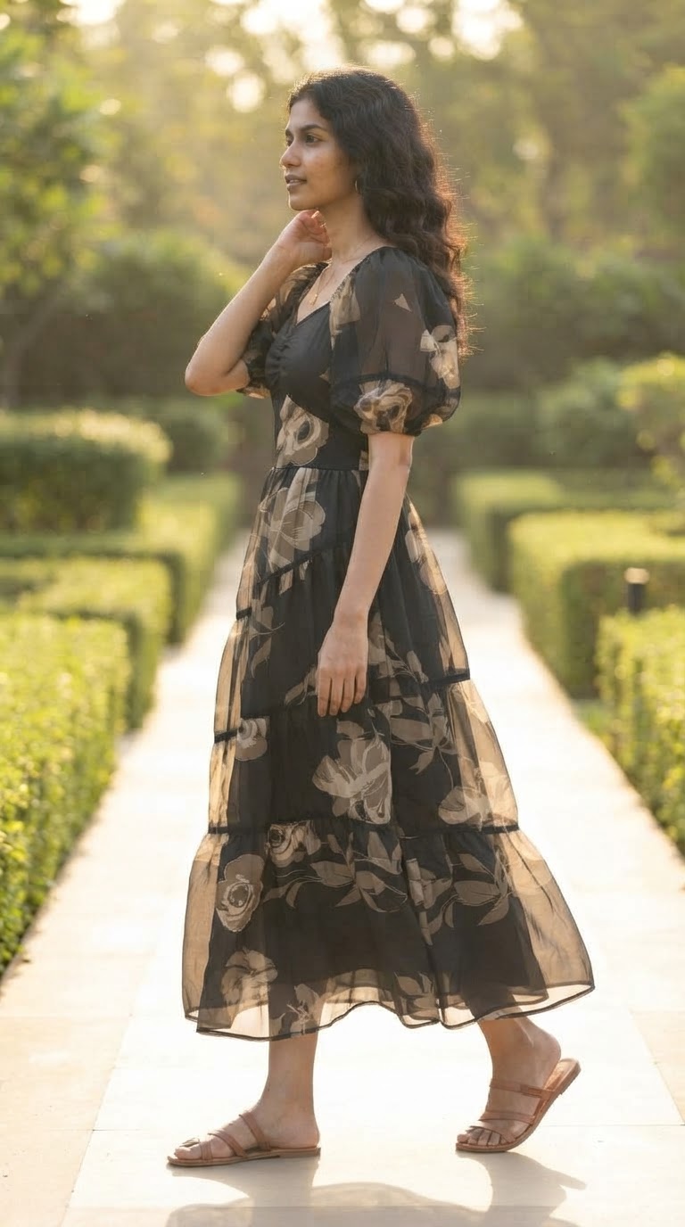 NOIR BLOOM TIERED MAXI DRESS