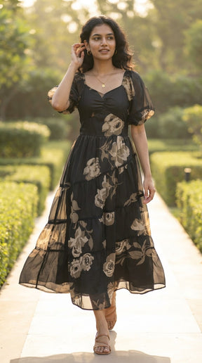NOIR BLOOM TIERED MAXI DRESS