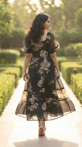 NOIR BLOOM TIERED MAXI DRESS