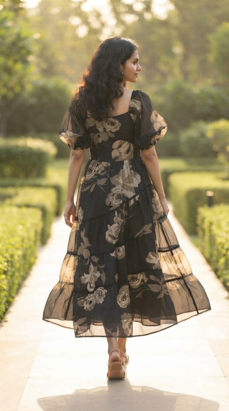 NOIR BLOOM TIERED MAXI DRESS