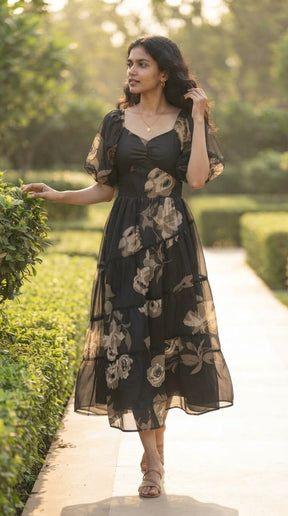 NOIR BLOOM TIERED MAXI DRESS