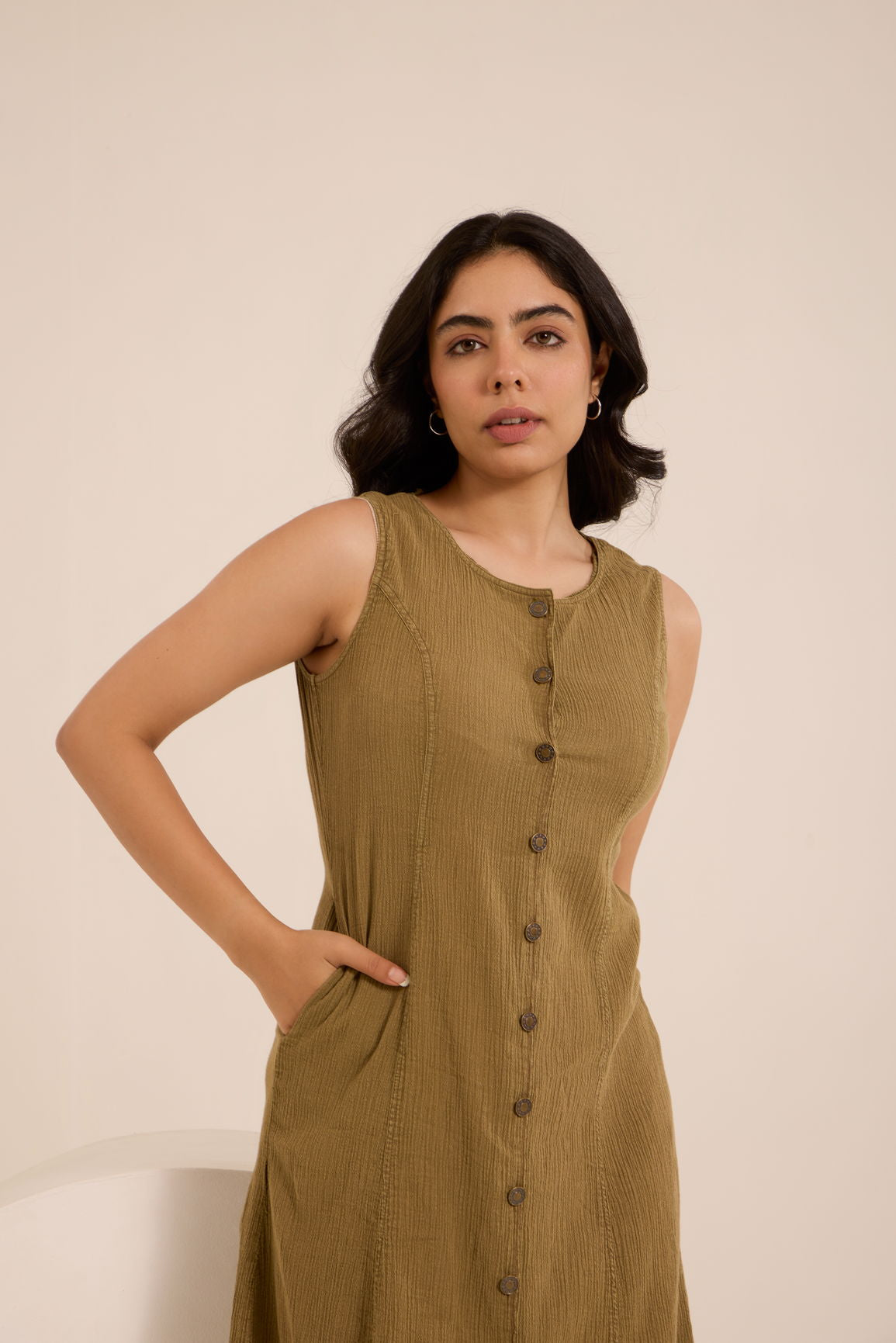 OLIVE COTTON DENIM DRESS