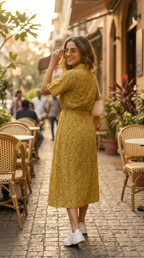 OLIVE LEAF PRINT SHIRT DRESS