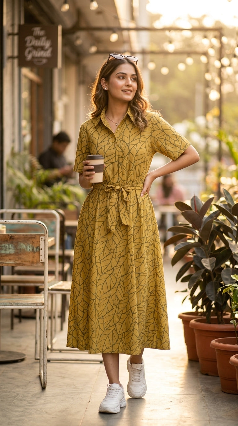 leaf print shirt dress OLIVE Removable Belt M ZAFIELLE HALTER FLOOR LENGTH style:3FWWD0785 Farve:Champagne