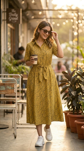 OLIVE LEAF PRINT SHIRT DRESS