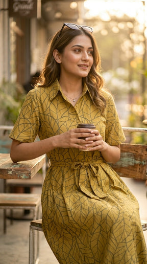 OLIVE LEAF PRINT SHIRT DRESS
