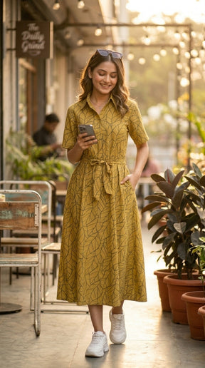 OLIVE LEAF PRINT SHIRT DRESS