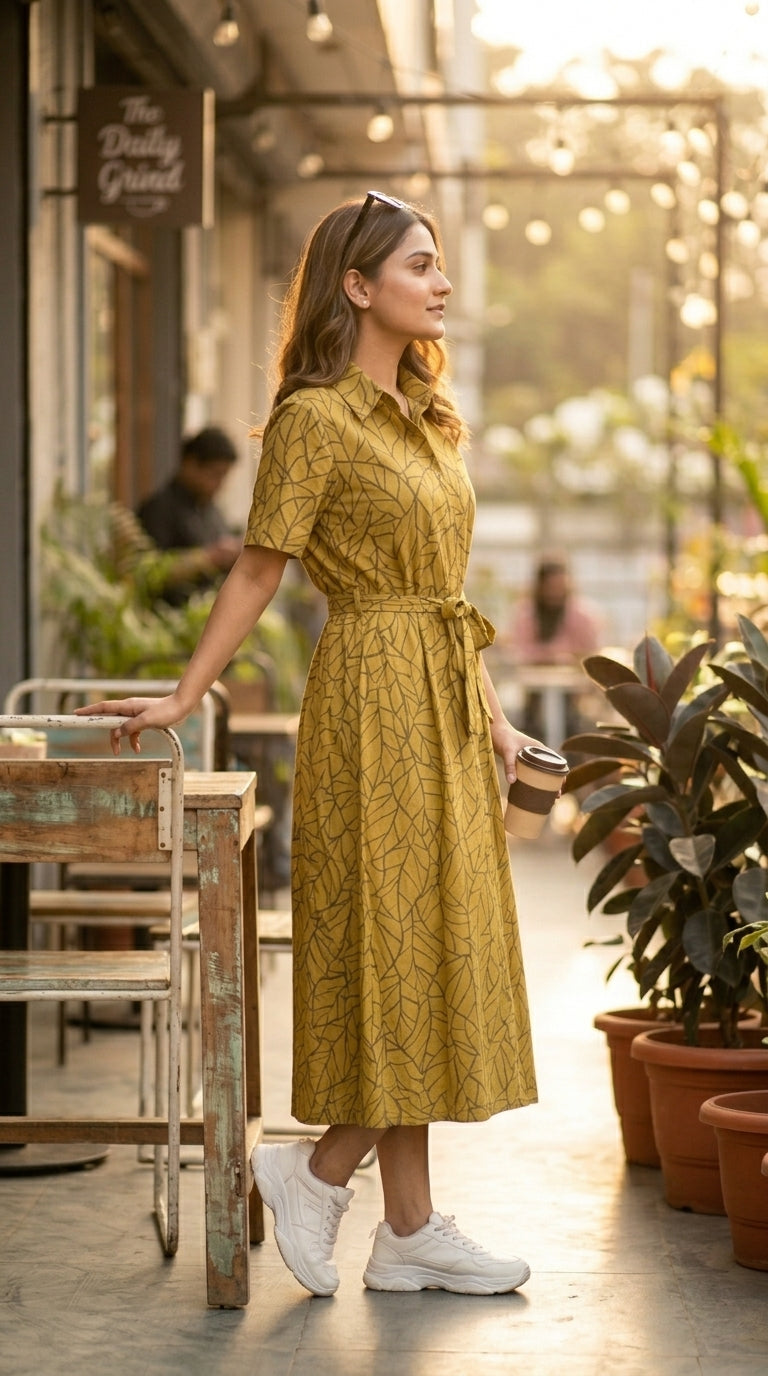 OLIVE LEAF PRINT SHIRT DRESS