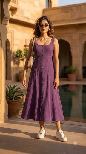 PLUM SLEEVELESS FRONT BUTTON MAXI DRESS
